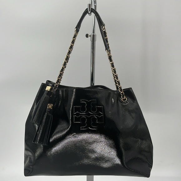 Tory Burch Thea Black Patent Leather Gold Chain Slouchy Leather Shoulder Tote - Picture 15 of 17